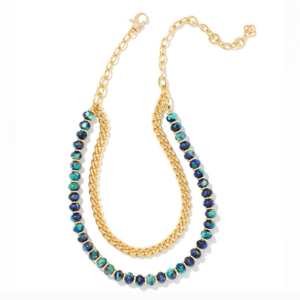 Kendra Scott Rebecca Multi Strand Necklace Bronze Veined Lapis Turquoise Gold 🆕 - Picture 3 of 10